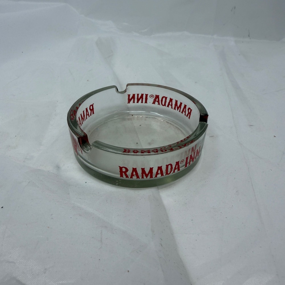 Vintage Ramada Inn Clear Glass Ashtray Red Logo Hotel Souvenir Tobacciana Retro